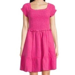 NWT Time and Tru Women Smocked Double Cloth Dress Size XS 0-2, Pink
